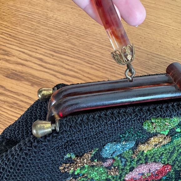 Vintage Glass Bead Floral Handbag Black Corde Lucite Tortoise Handle Purse - Picture 12 of 14